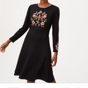 Loft black floral embroidered fit and flare dress